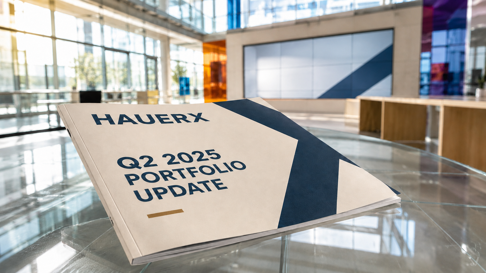 HauerX Q2 2025 Portfolio Update report in a modern innovation studio